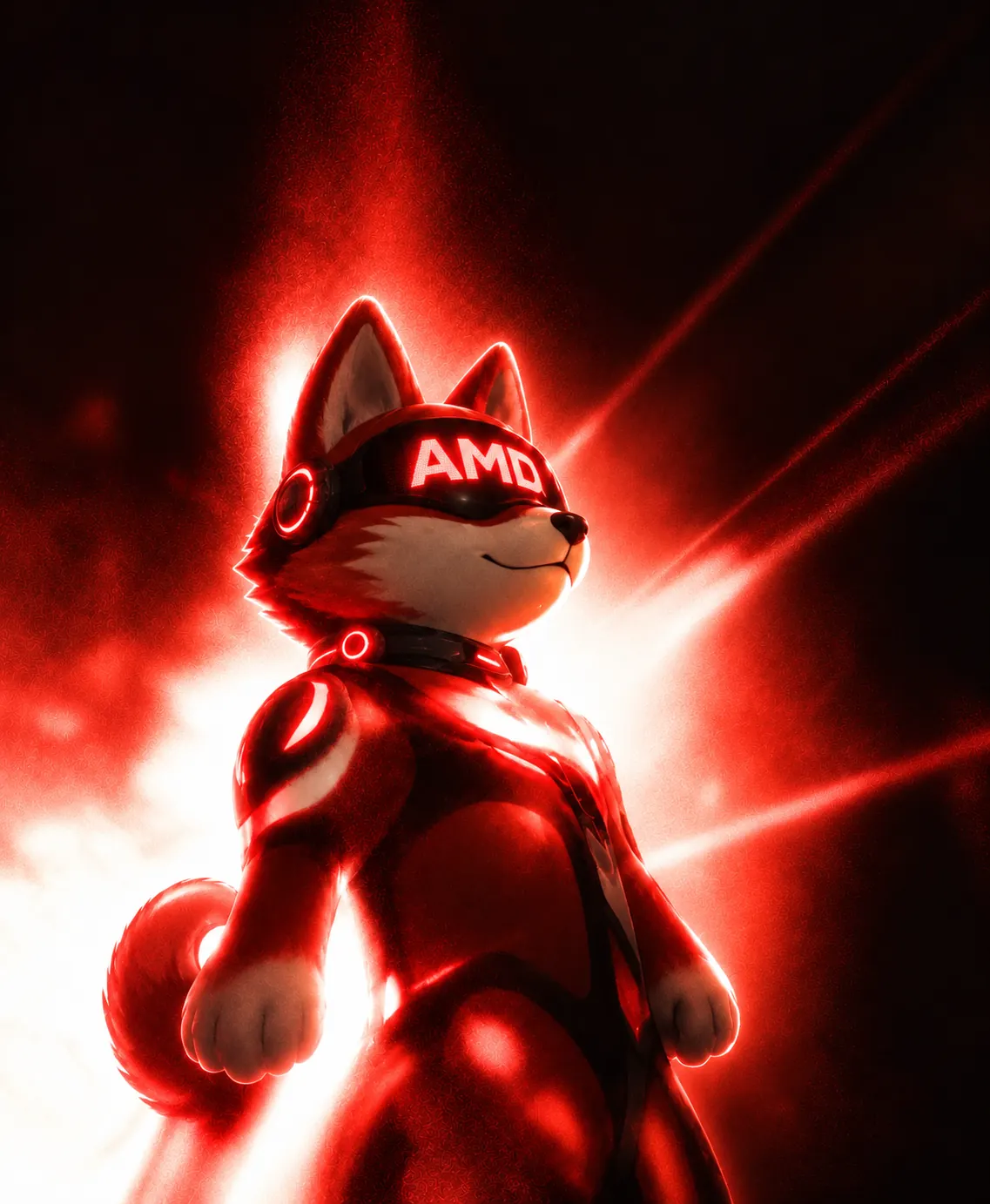 AMDOG wearing a red illuminated cyber visor, surrounded by red light